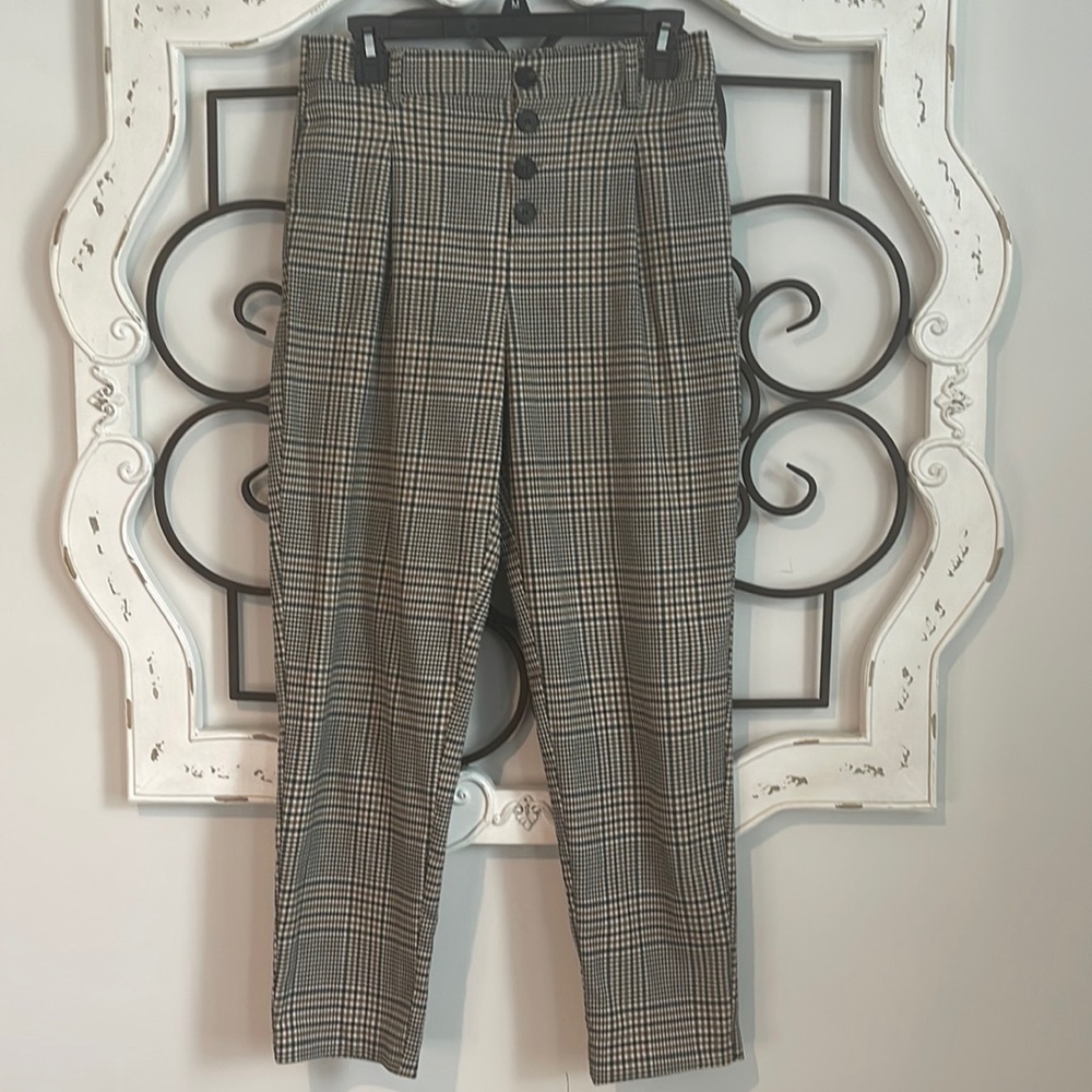 ZARA TRF HI-RISE BUTTON FLY PLAID TROUSERS BLACK/BROWN SIZE SMALL